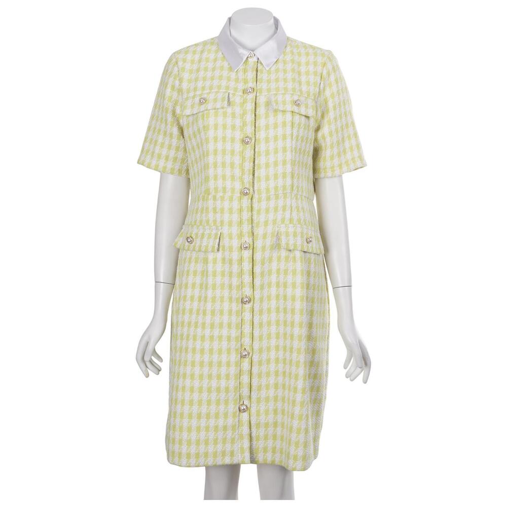 Nanette Lepore Shirt Dress Size 10 Chartreuse Houndstooth Button Up Lined